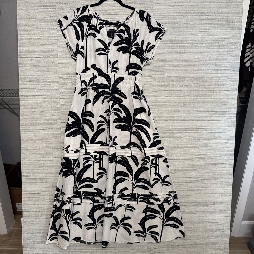 Tahari Womens Linen  Leaf Print Boho Full Tiered Dress Black White Small Flaw